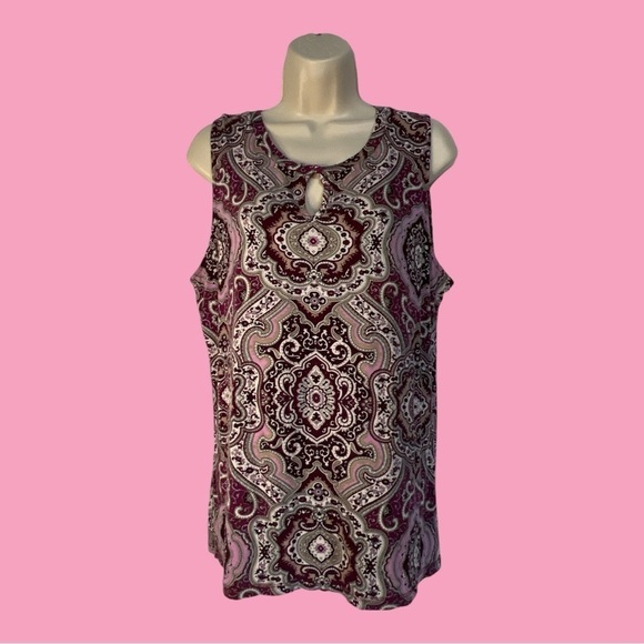 Ann Taylor Sleevless Damask-like Pattern in Pinks and Taupe, Peek-a-Boo Neck L - Picture 1 of 8